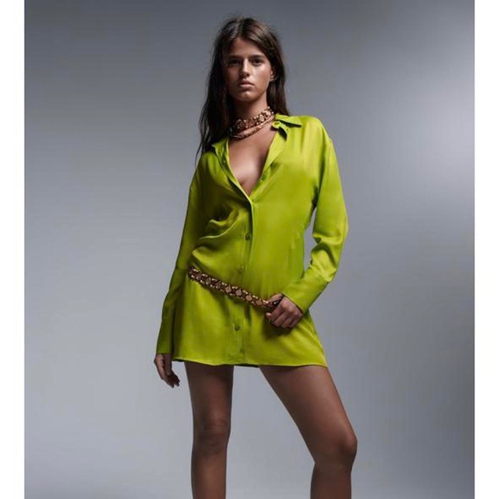 Lime Green Satin Style Shirt Dress